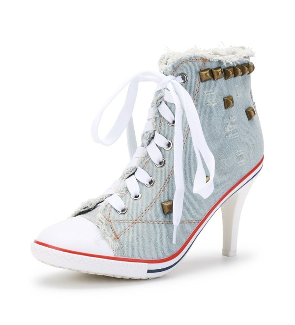 Womens Canvas Lace up High Heel Fashion Sneakers Denim Ankle Boots 