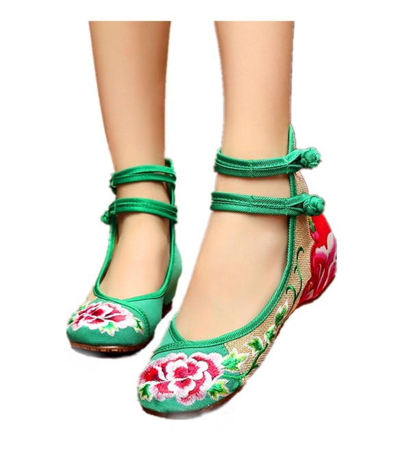 Bigwanbig Women Flower Embroidery Shoes Chinese Round Toe Flats with Rubber Sole Wedge Sandals 