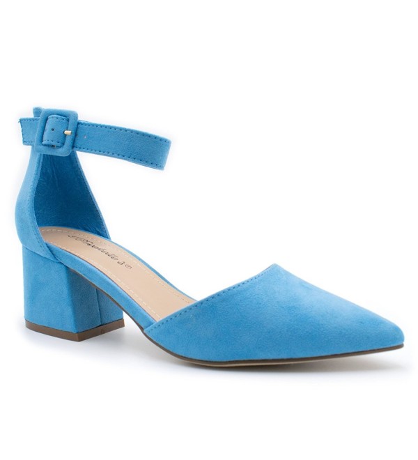 Women's Pointed Toe Ankle Strap Block Heel Pump - Blue Ts4h - CM17Z4A7A6O