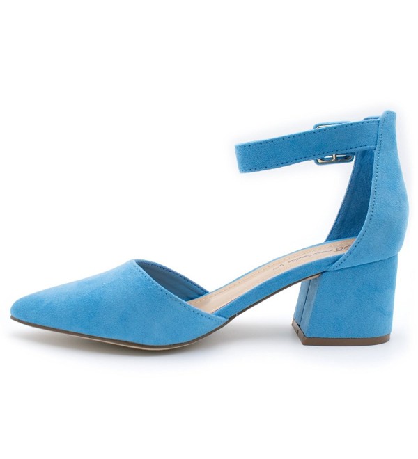 Women's Pointed Toe Ankle Strap Block Heel Pump - Blue Ts4h - CM17Z4A7A6O