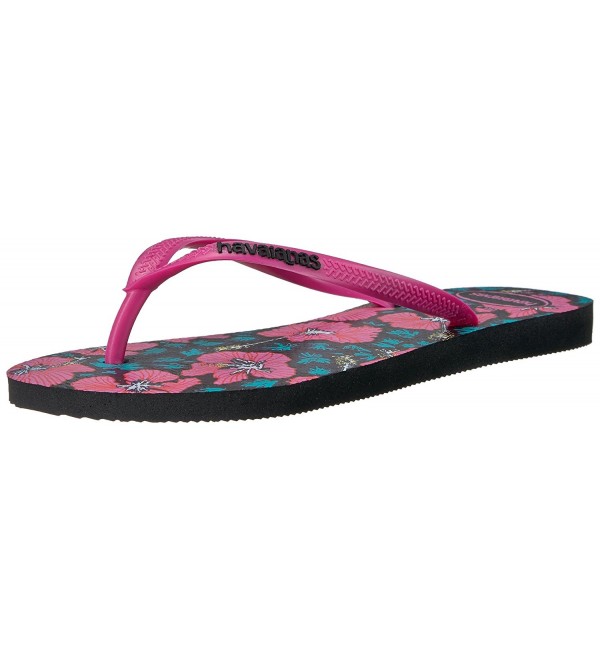 Women's Slim Floral Sandal Flip Flop - Black/Orchid Rose - CT12MXVQUWF