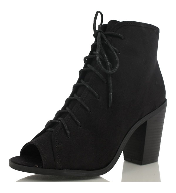 Women's Hush Faux Suede Peep Toe Lace Up Stacked Heel Ankle Boot- Black ...