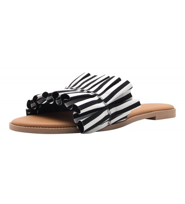 Women's Open Toe Ruffle Backless Slip-On Slide Sandal - Black/White ...