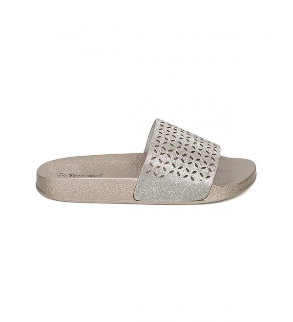 Women Metallic Flat Sandal - Perforated Slide - Molded Footbed Slipper ...