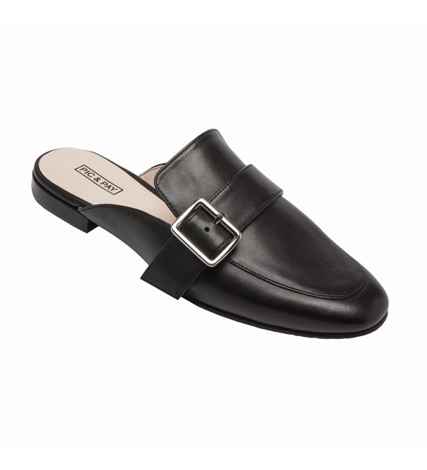 Women's Leather Buckle Mule - Backless Slip-On Flat Leather Loafer ...