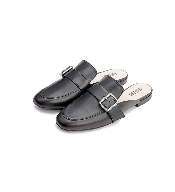 Women's Leather Buckle Mule - Backless Slip-On Flat Leather Loafer ...