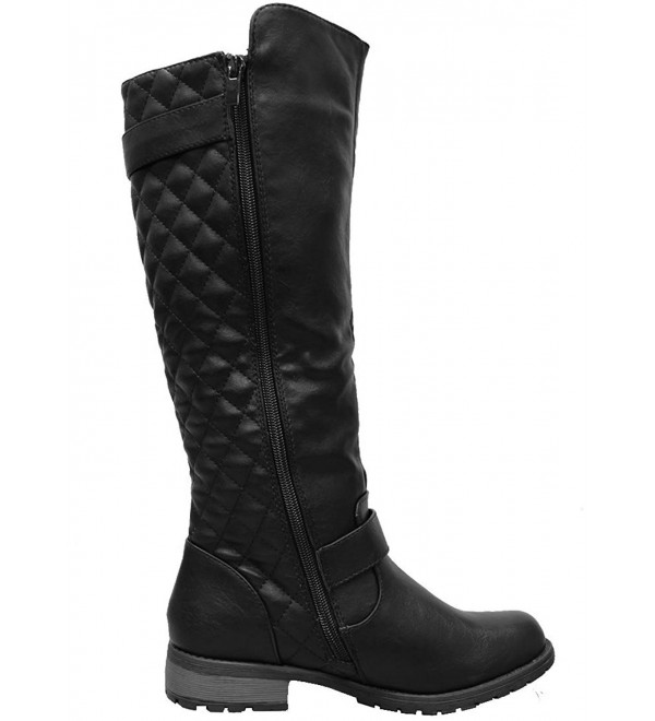 Women's Quilted Side Zip Knee High Flat Riding Boots - Black - CV1857OGGYE