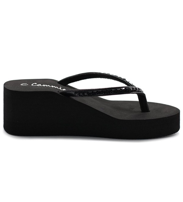 Cammie Women Wedge Thong Sandal With Rectangle Stud Straps - Black ...