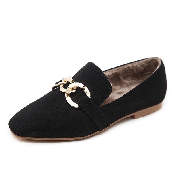 Women's Faux Suede Slip-On Loafers Buckle Fur Lined Slippers Flat Shoes ...