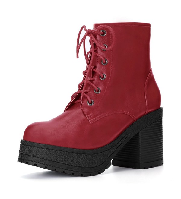 Chunky Heel Platform Combat Boot - Red 